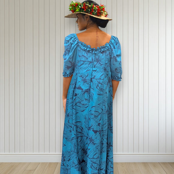 Tropical Blue Leaf Ruffle Dress