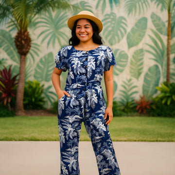 Buy royal-blue Vintage-Inspired Tropical Jumpsuit for Women – Lightweight Rayon Resort Wear with Pockets