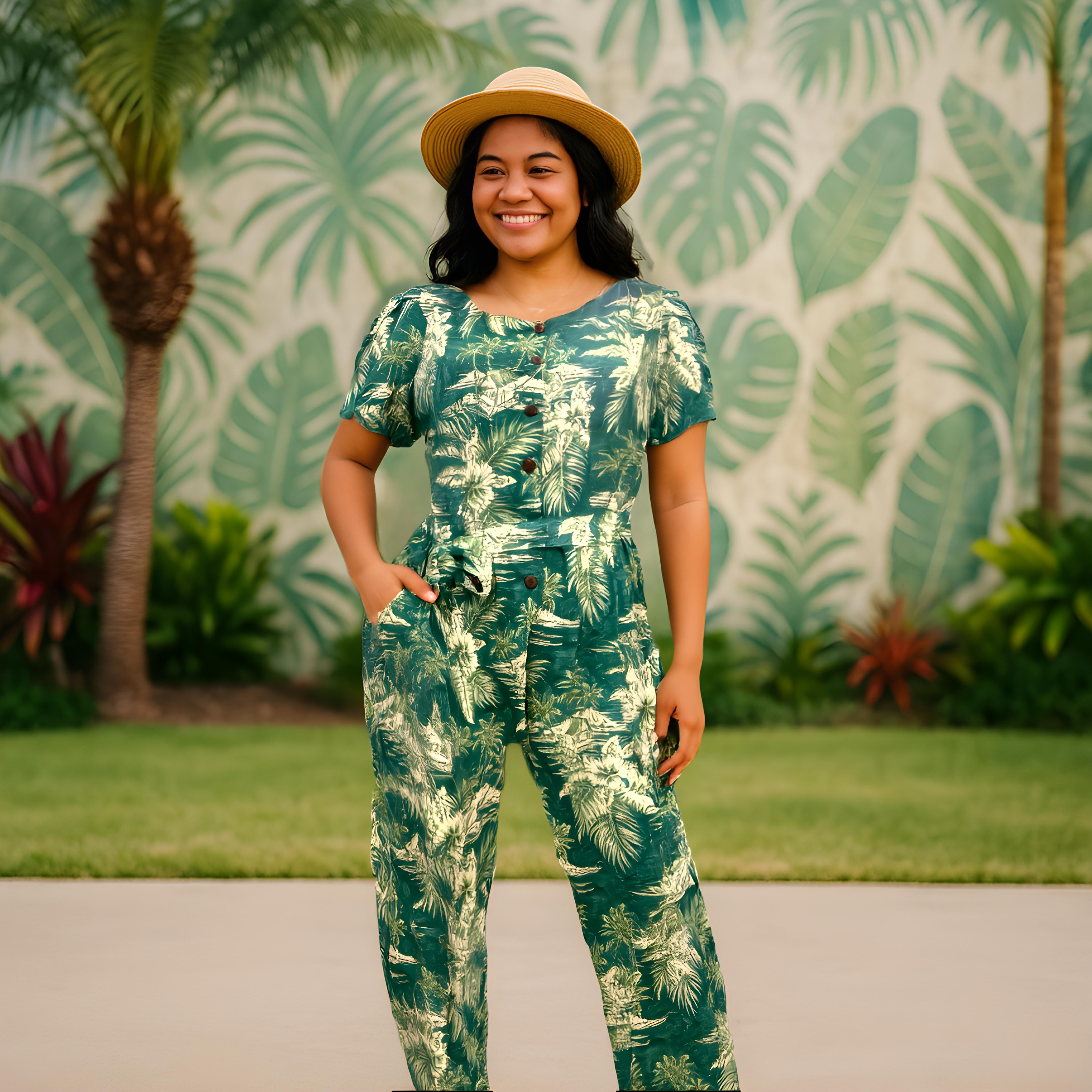 Buy green Vintage-Inspired Tropical Jumpsuit for Women – Lightweight Rayon Resort Wear with Pockets