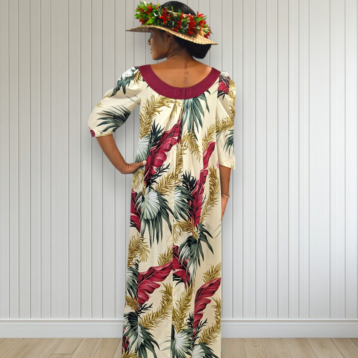 Hawaiian Fern Leaf  Black Velvet Collar Orange Muumuu Dress 2081 / MR144