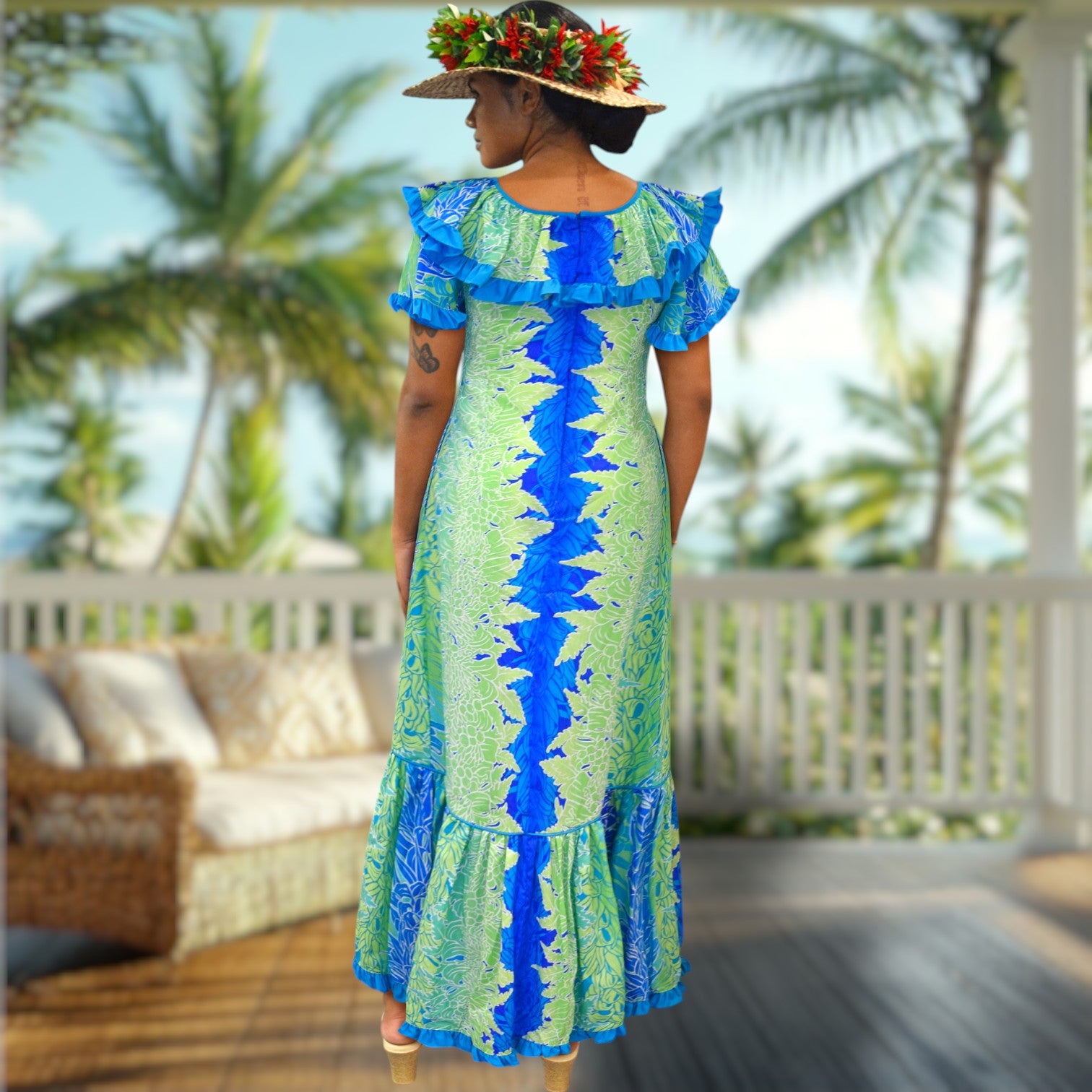 Tropical Lei Flowers Ombre Muumuu Blue
