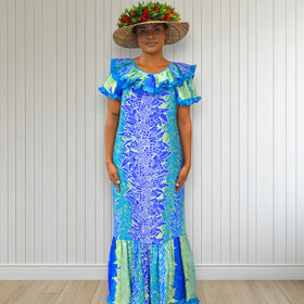 Tropical Lei Flowers Ombre Muumuu Blue