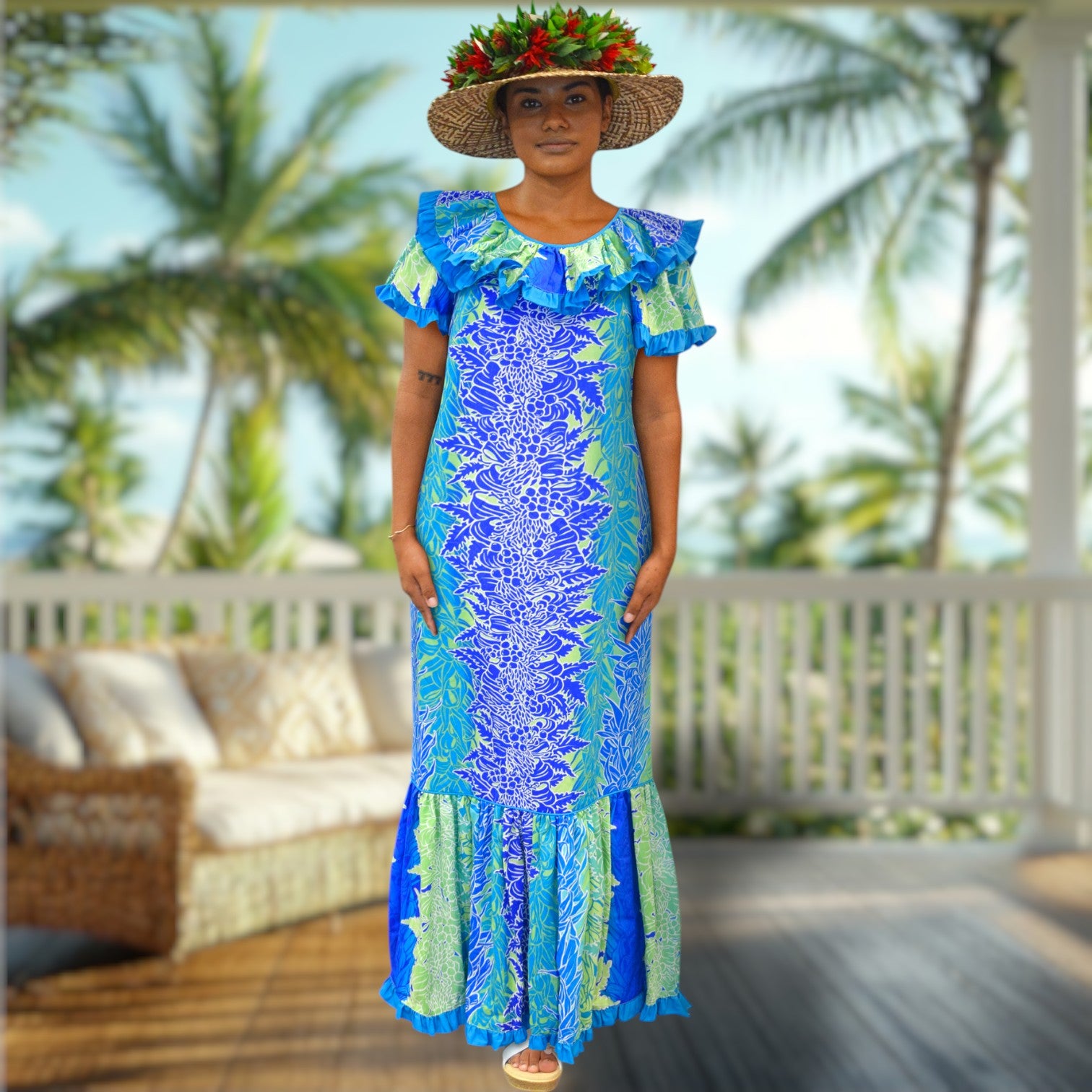 Tropical Lei Flowers Ombre Muumuu Blue