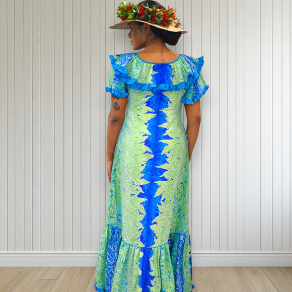 Tropical Lei Flowers Ombre Muumuu Blue