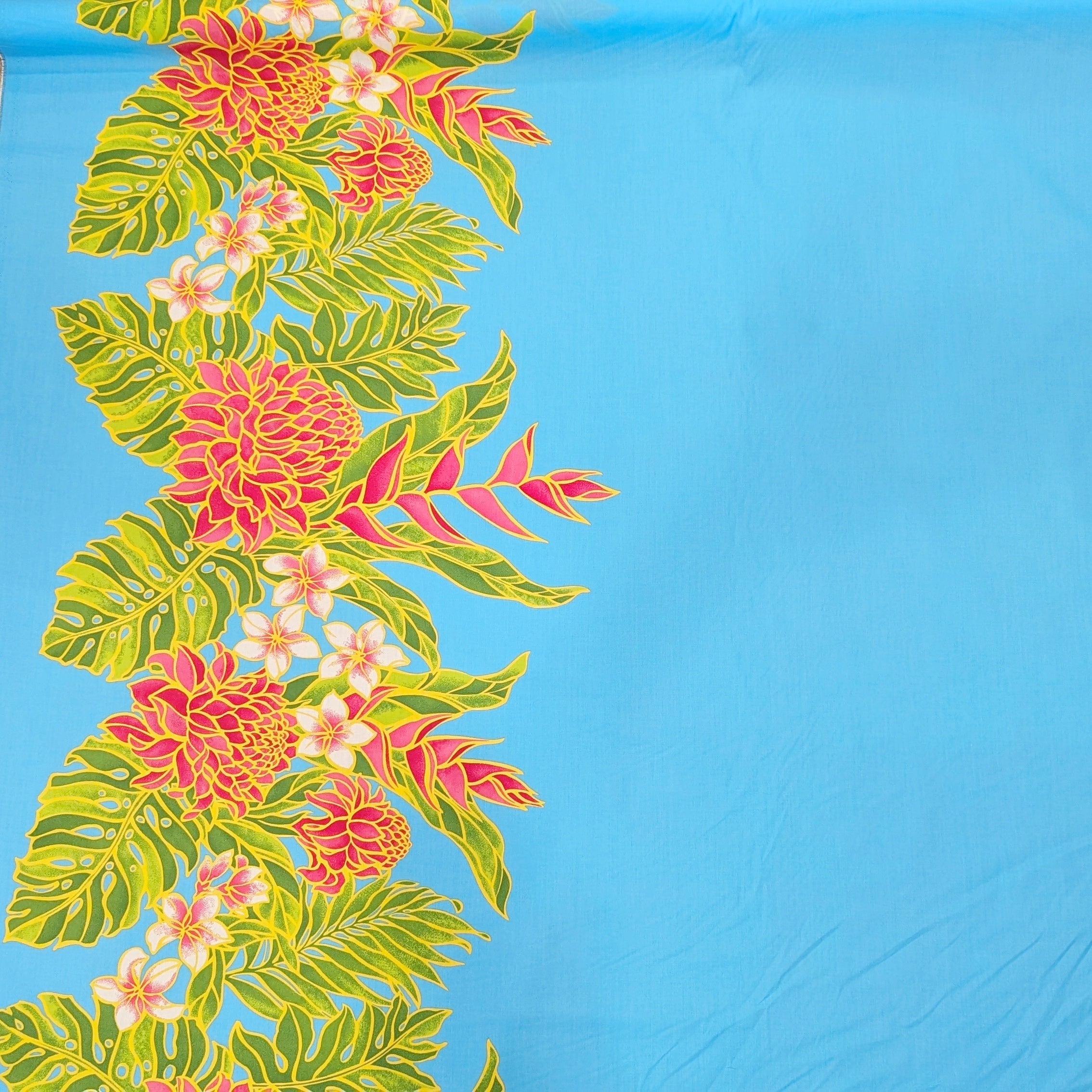 Turquoise Hawaiian Fabric with Floral Print, Half-Printed Design