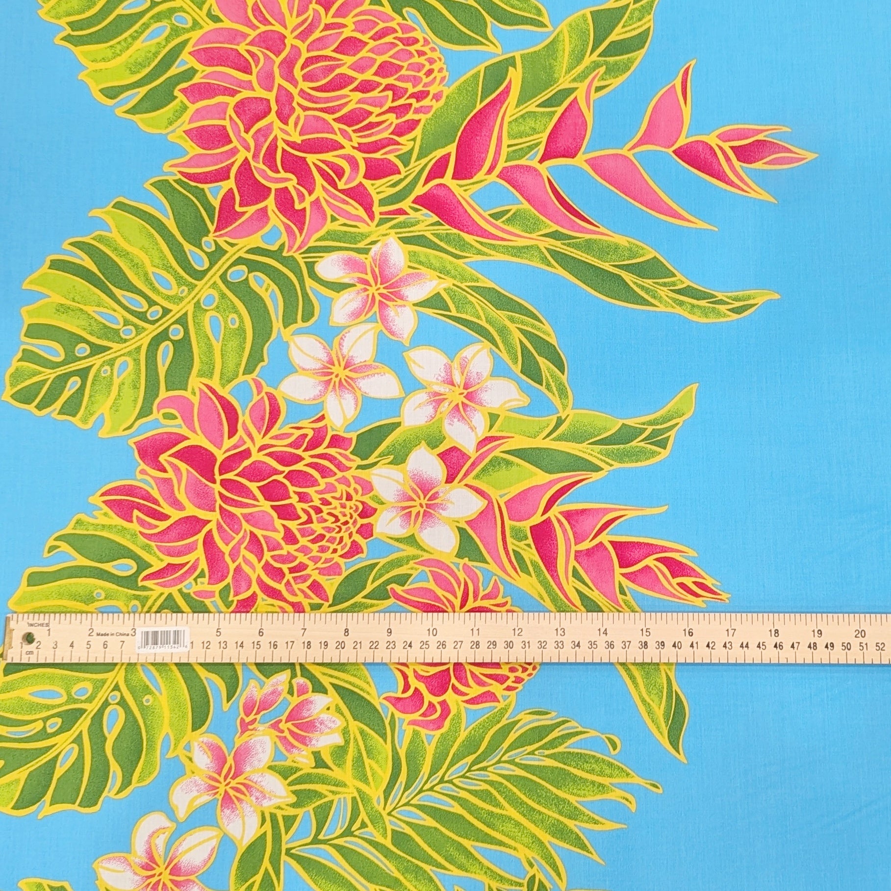 Turquoise Hawaiian Fabric with Floral Print, Half-Printed Design