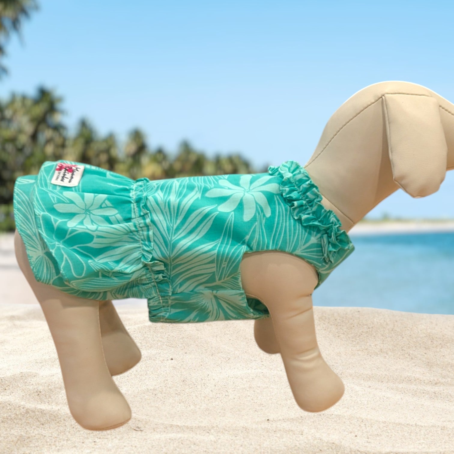 Island Breeze: Turquoise Plumeria & Monstera Hawaiian Dog Dress