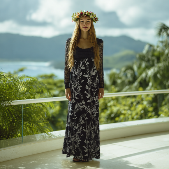 Twilight Puakenikeni Hawaiian Muumuu – Hand Printed Black