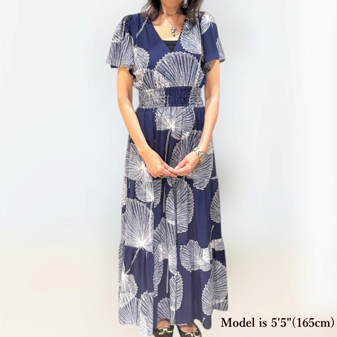 V-Neck Rayon Dress Smocked 
RuffleSleeves