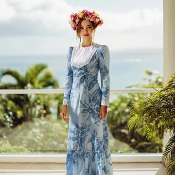 Vintage Blue White Lace Trim Long Sleeve Traditional Hawaiian Dress 6761/750