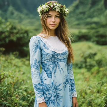 Vintage Blue White Lace Trim Long Sleeve Traditional Hawaiian Dress 6761/750 - 0