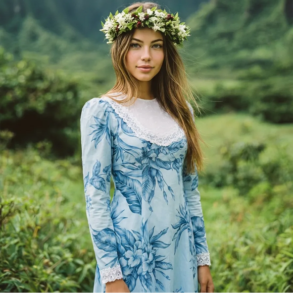 Vintage Blue White Lace Trim Long Sleeve Traditional Hawaiian Dress 6761/750