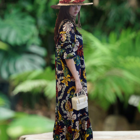 Vintage Inspired Hibiscus Print High Neck Muumuu-Dark Navy 8221