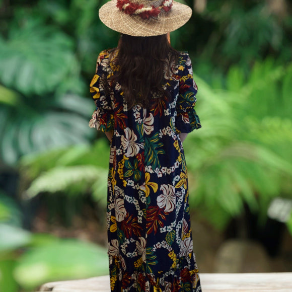 Vintage Inspired Hibiscus Print High Neck Muumuu-Dark Navy 8221