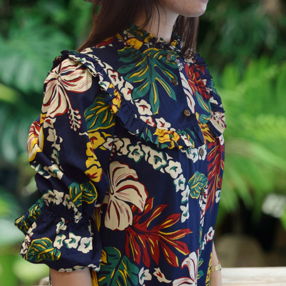 Vintage Inspired Hibiscus Print High Neck Muumuu-Dark Navy 8221