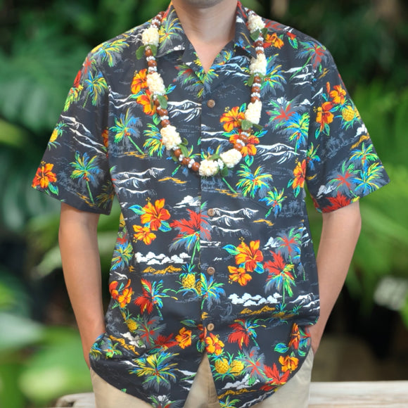 Vintage Print Hawaiian Shirts Hibiscus , Palm Tree , Pineapple - Black