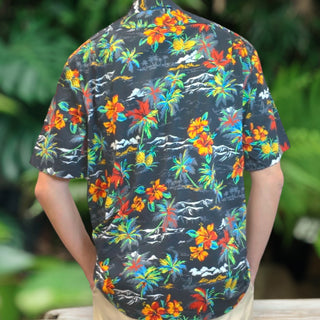 Vintage Print Hawaiian Shirts Hibiscus , Palm Tree , Pineapple - Black