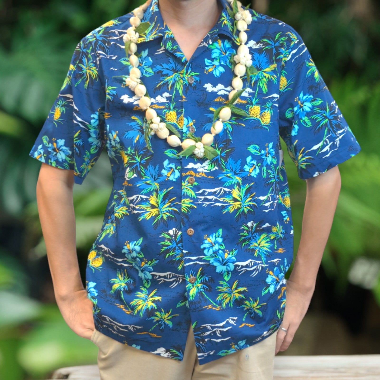 Vintage Print Hawaiian Shirts Hibiscus , Palm Tree , Pineapple - Blue