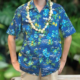 Hawaiian Schenery Blue Shirts - Hibiscus , Palm Tree , Pineapple - Blue