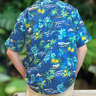 Vintage Print Hawaiian Shirts Hibiscus , Palm Tree , Pineapple - Blue