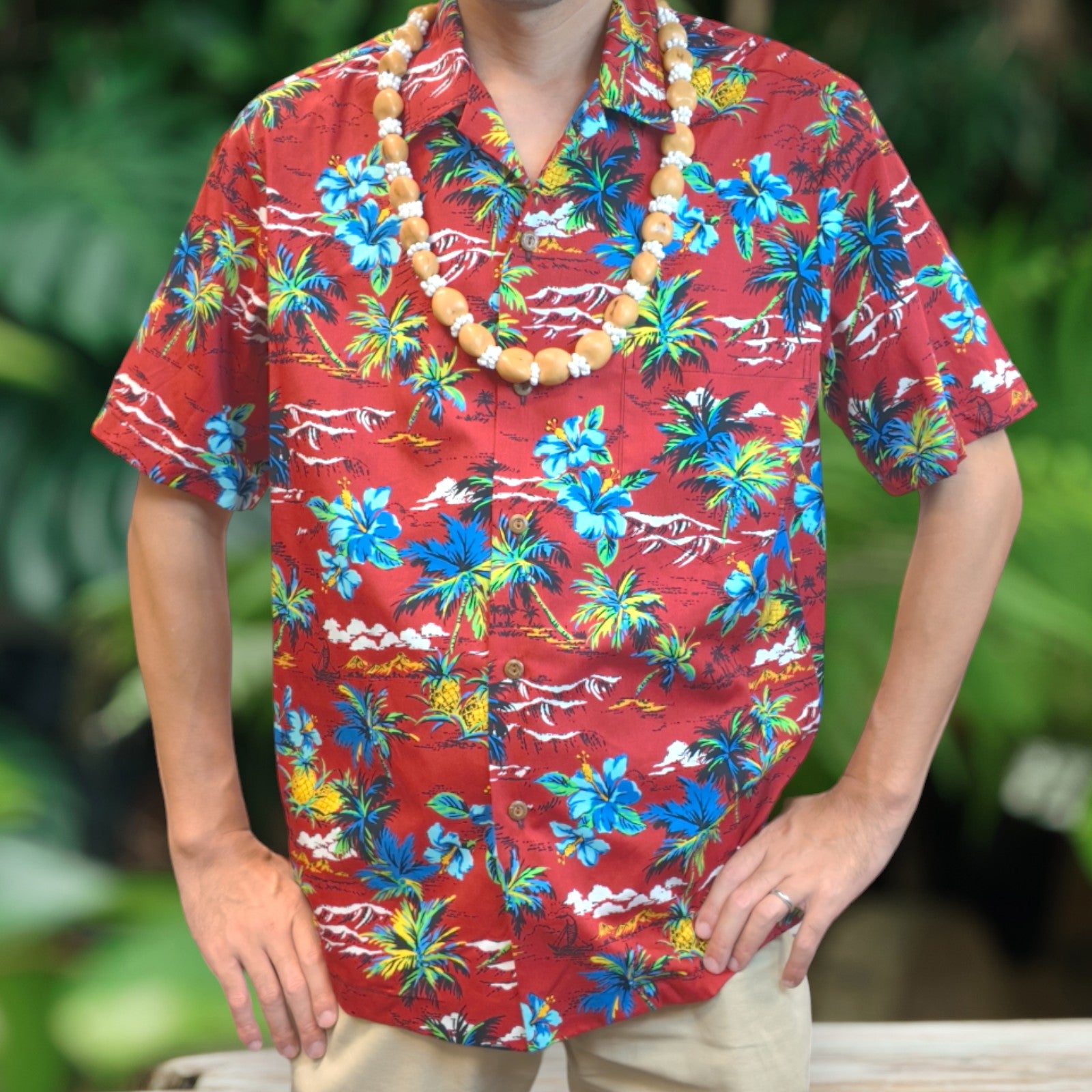 Vintage Print Hawaiian Shirts Hibiscus , Palm Tree , Pineapple - Red