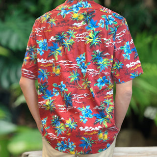 Vintage Print Hawaiian Shirts Hibiscus , Palm Tree , Pineapple - Red