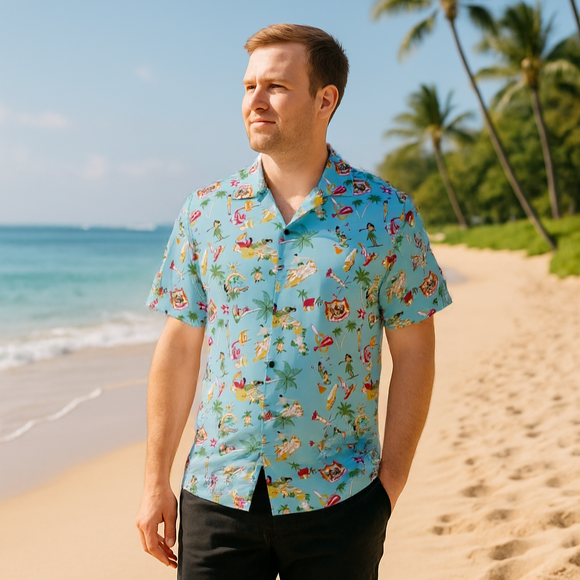 Vintage Inspired Print Hawaiian Aloha Aqua Shirt