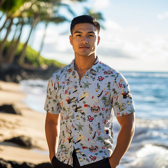 Vintage Inspired Print Hawaiian Aloha Light Blue Shirt