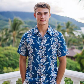 Vintage Hibiscus Print Hawaiian Shirt - BLUE