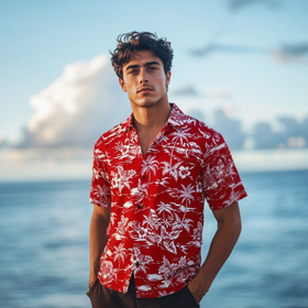 Vintage Print Aloha Shirt  Red