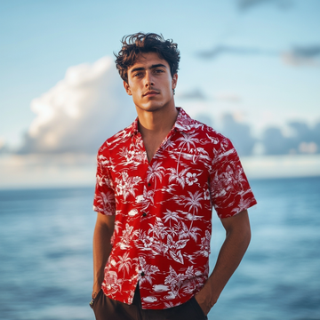 Vintage Print Aloha Shirt  Red