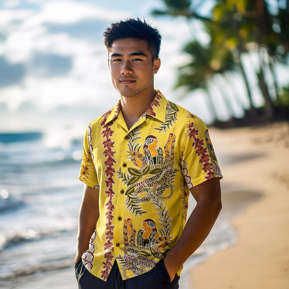 Vintage Prints Hula Girl & Flower Lei Print Hawaiian Shirt Yellow