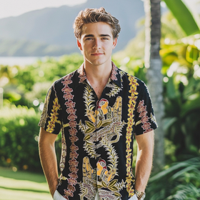 Vintage Prints Hula Girl & Flower Lei Print Aloha Shirts Black 