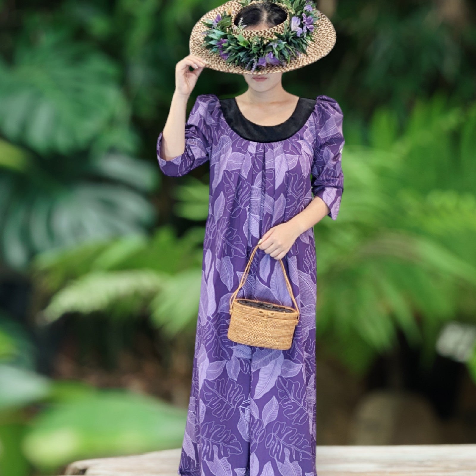 purple muumuu dress Mid-Calf Pink Hibiscus Purple Muumuu