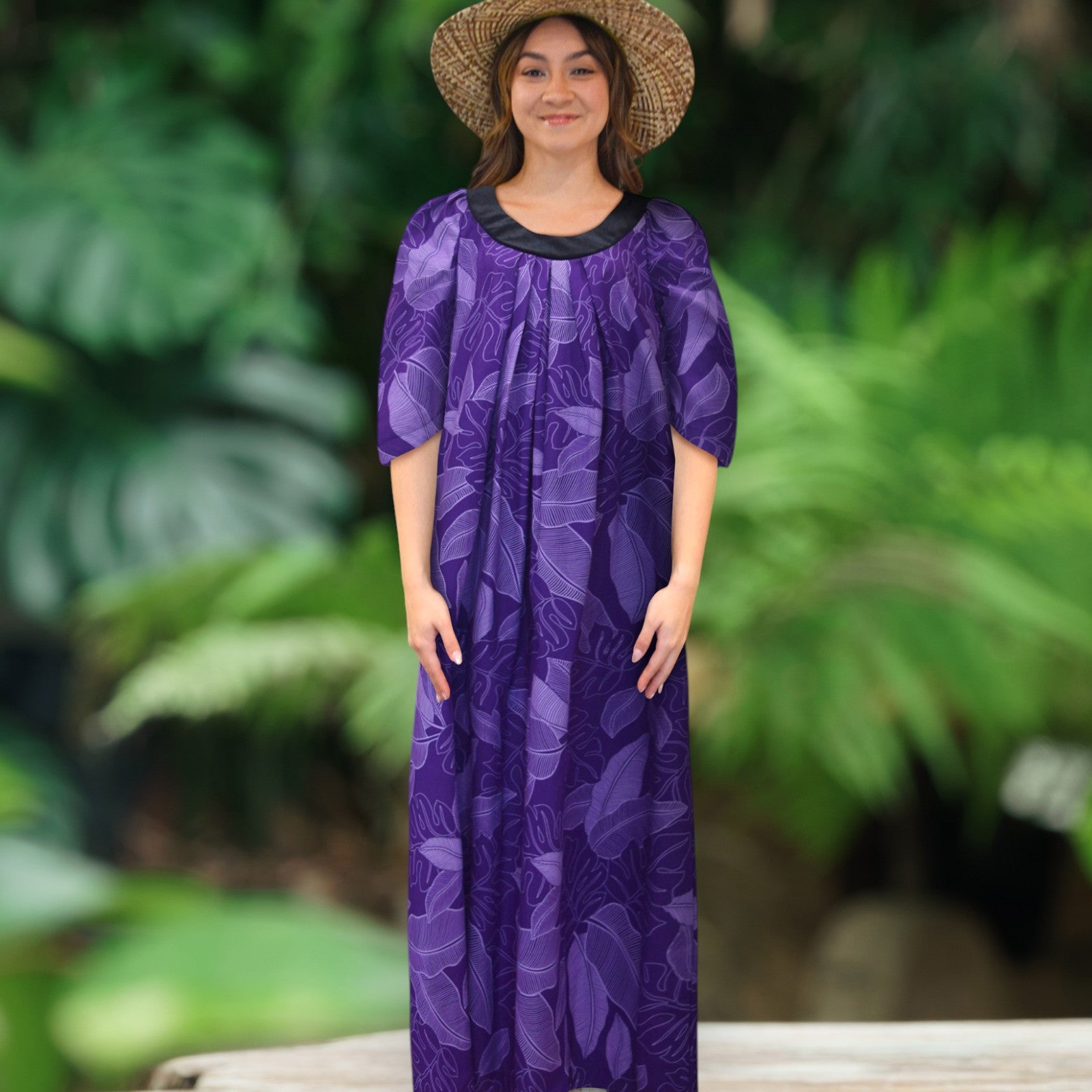 VioletBananaLeafMuumuuDress