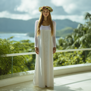 White Blossom Hawaiian Muumuu – Monstera & Plumeria Elegance