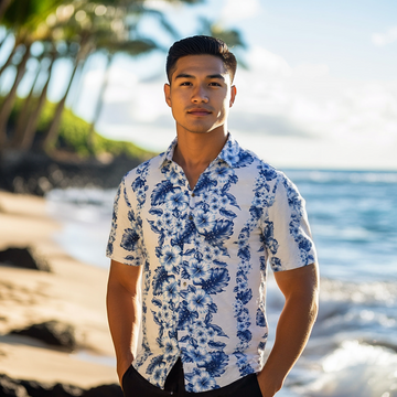 White and Blue Hibiscus Print Hawaiian Shirt