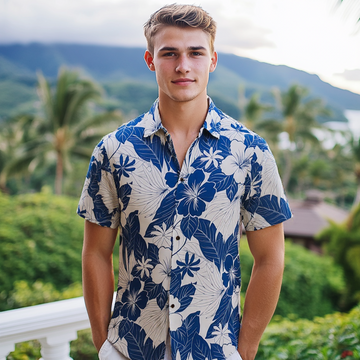 White and Blue Tiare Flower and Hibiscus Hawaiian Shirt