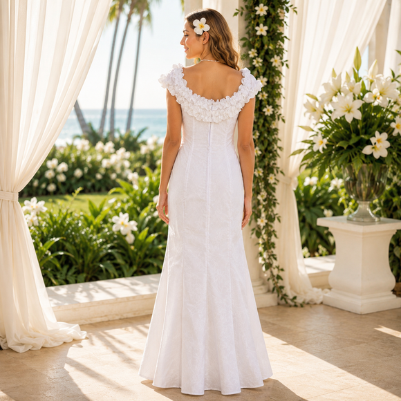 Traditional White Hawaiian Formal Dress – Hibiscus & Plumeria Lei Print | Made in Hawaii