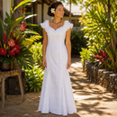 Traditional White Hawaiian Formal Dress – Hibiscus & Plumeria Lei Print | Made in Hawaii-3