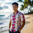 White Hawaiian Shirt with Pink Hibiscus Panel Print