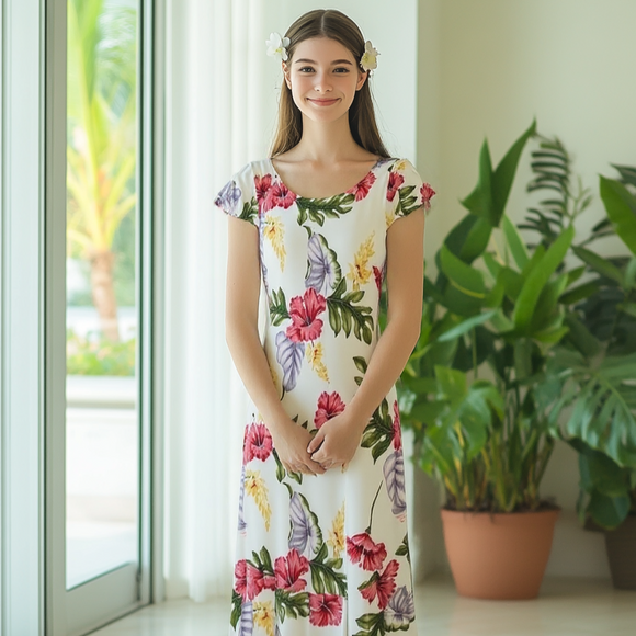 White Hibiscus Flare Sleeve Rayon Dress