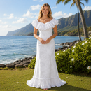 Traditional Hawaiian Holomuʻu – White Hibiscus & Monstera Mermaid Line Hawaiian Dress | 2-Way Ruffle Neckline | Made in Hawaii-2