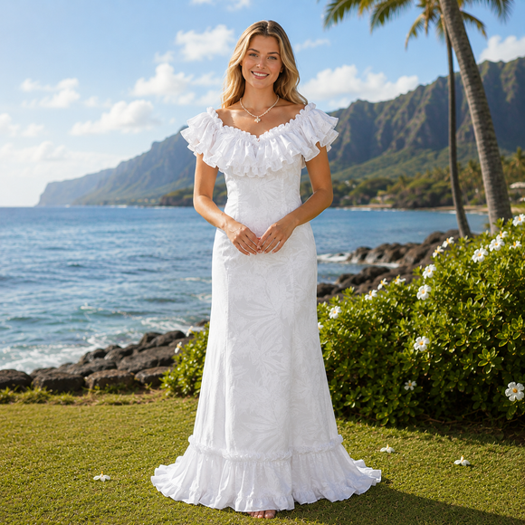 Traditional Hawaiian Holomuʻu – White Hibiscus & Monstera Mermaid Line Hawaiian Dress | 2-Way Ruffle Neckline | Made in Hawaii