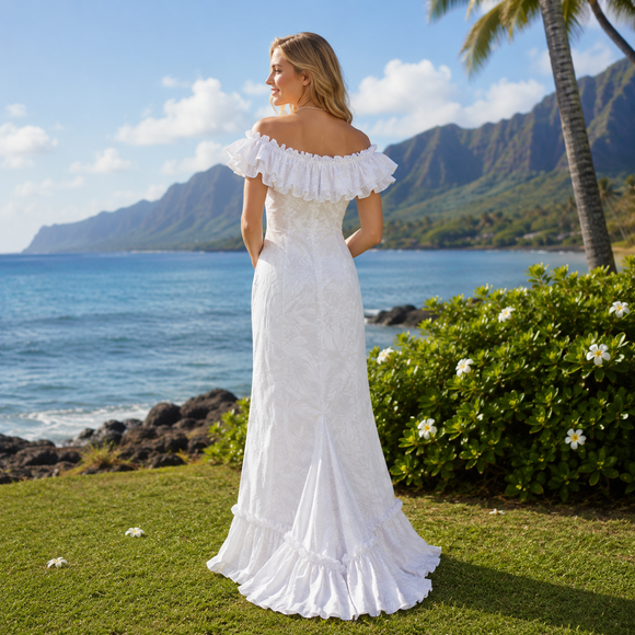 Traditional Hawaiian Holomuʻu – White Hibiscus & Monstera Mermaid Line Hawaiian Dress | 2-Way Ruffle Neckline | Made in Hawaii