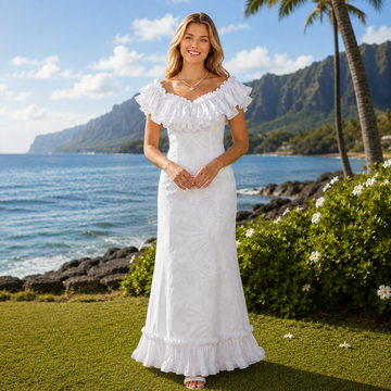 Traditional Hawaiian Holomuʻu – White Hibiscus & Monstera Mermaid Line Hawaiian Dress | 2-Way Ruffle Neckline | Made in Hawaii - 0