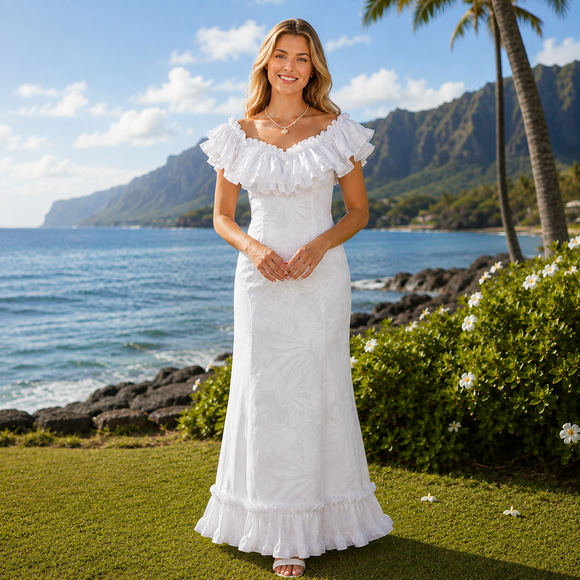 Traditional Hawaiian Holomuʻu – White Hibiscus & Monstera Mermaid Line Hawaiian Dress | 2-Way Ruffle Neckline | Made in Hawaii