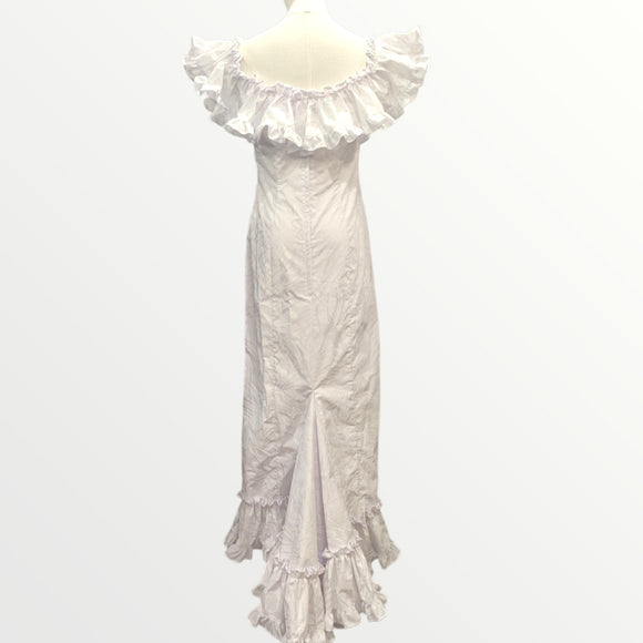 Traditional Hawaiian Holomuʻu – White Hibiscus & Monstera Mermaid Line Hawaiian Dress | 2-Way Ruffle Neckline | Made in Hawaii