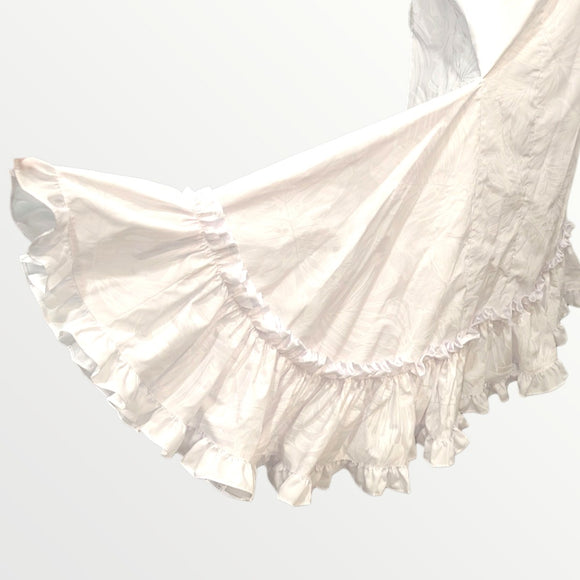 Traditional Hawaiian Holomuʻu – White Hibiscus & Monstera Mermaid Line Hawaiian Dress | 2-Way Ruffle Neckline | Made in Hawaii