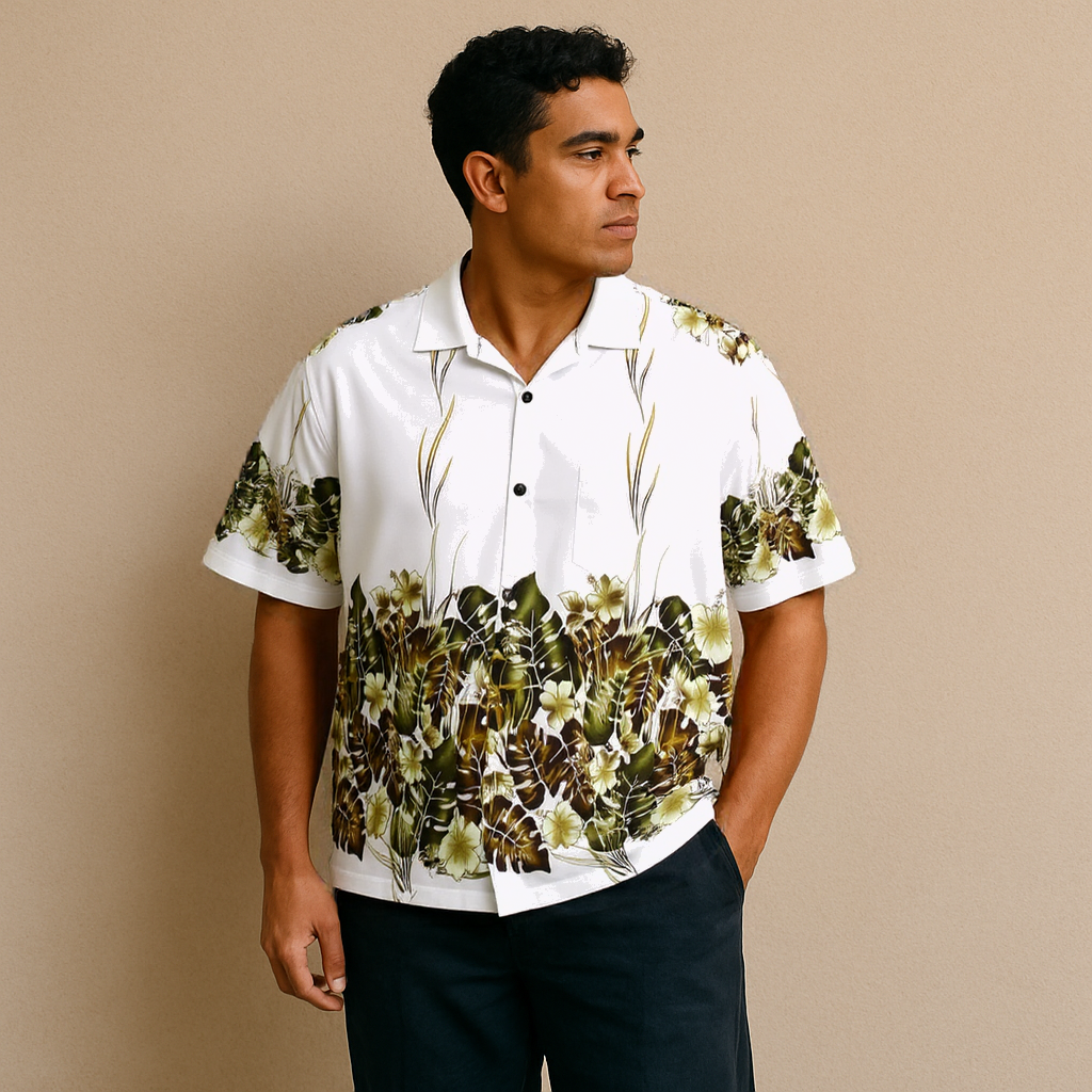 White Leafy Rayon Hawaiian Shirt